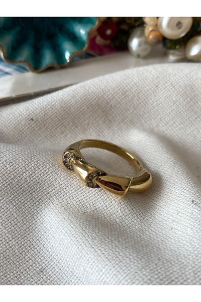 Haziran Accessory Steel Bambo Model, Zircon Stone Gold Women's Adjustable Ring