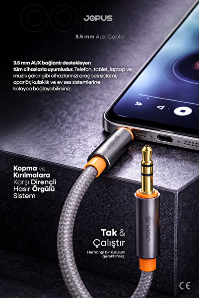 Jopus 3.5mm Aux to 3.5mm Aux Kablo Stereo Destekli Örgülü Füme 1 Metre Füme JA-05