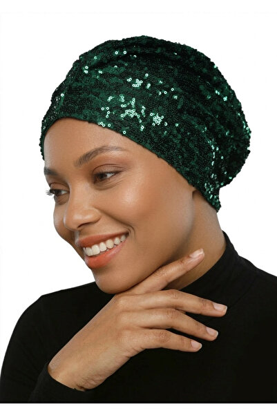 elysianfidan Sequined Lined Green Ready-Made Turban Hijab Evening Dress Bonnet