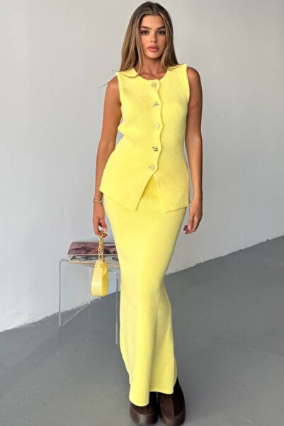 KECHİ WOMAN Gold Accessory Vest Skirt Yellow Knitwear Set