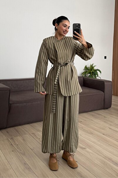 LUV STUDİOS CO Khaki Linen Blend Striped Elastic Cuff Pants and Blouse Set