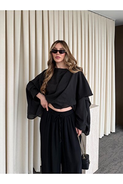 Laluvia Black Flying Cape Detailed Blouse - 5026