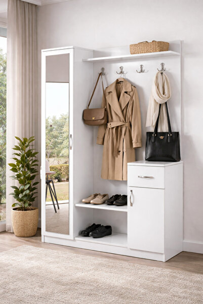 Moderniya Mobilya Flora Tek Kapılı Beyaz Aynalı Elbise Askılığı Kapaklı Vesti...