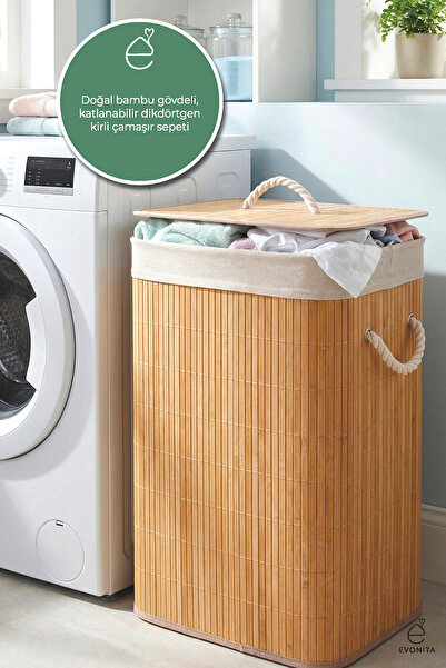 EVONİTA Καλάθι απλύτων από μπαμπού με καπάκι, αποσπώμενο, πλένεται, με επένδυ...