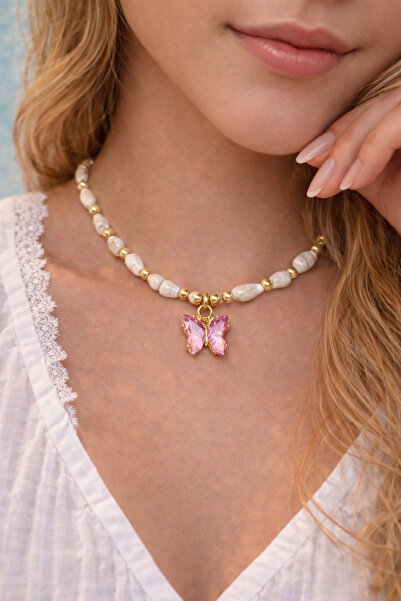 MakeWell Seashell Beaded Clover Heart Butterfly Necklace – Natural Seashell S...