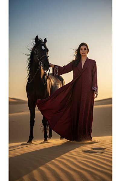 Feya Delara عباية مفتوحة، كارديجان بلون النبيذ الأحمر مع بريق فضي