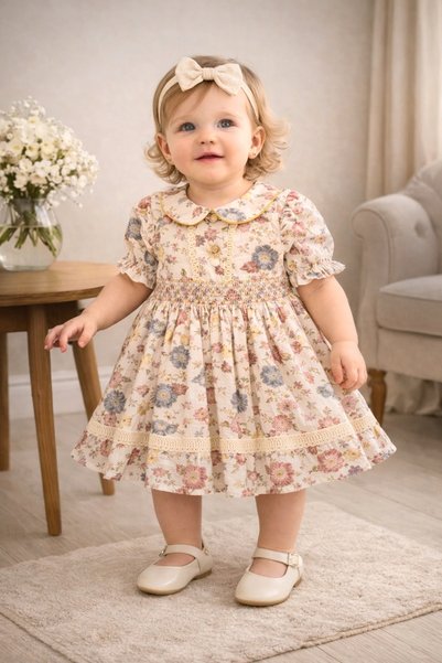 minicayzen Cute Floral Print Elasticized Sleeves Comfortable Baby Girl Dress