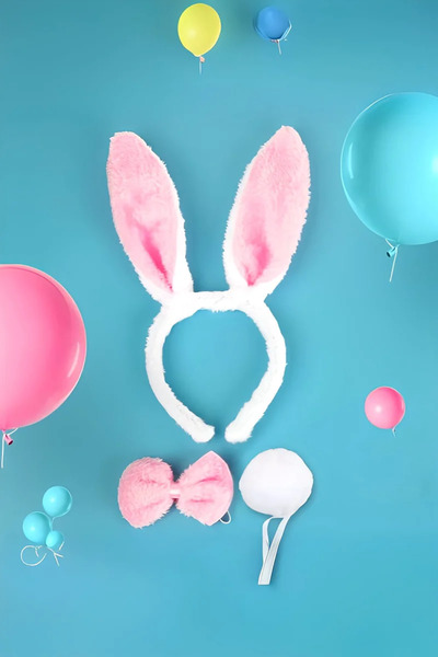 ReilaParty Pembe Peluş Tavşan Kostüm Seti - Tavşan Kulağı Tacı, Papyon ve Kuy...