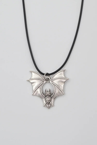 ıdr Gotik Yarasa Kolye - PU Deri İp Zincirli Unisex Gümüş Kaplama Kolye - 60 cm