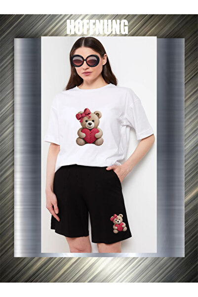 HOFFNUNG Unisex Casual Short Sleeve Set with Heart Bear Print Outdoor Spring/...