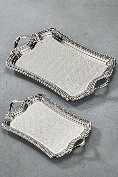 Frapan Home CKR 2’li Paslanmaz Çelik Sunum Tepsisi Seti Kulplu Parlak Gümüş S...