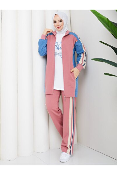 moda4b Γυναικείο αθλητικό σετ 3 τεμαχίων, βαμβακερό τζιν με λεπτομέρειες και ...