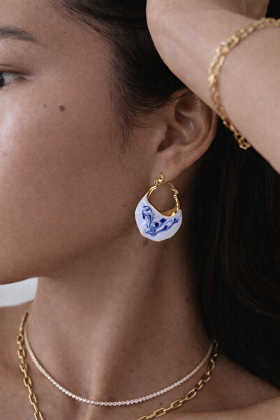 Brand White Blue Patterned Bell Earrings
