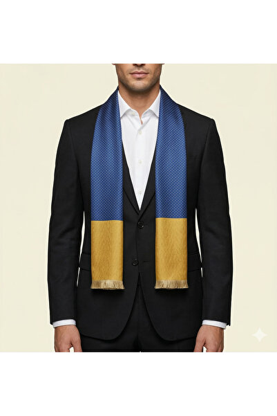 TMFASHİON Premium Men's Yellow&Dark Blue Viscose Blend Tasseled Patterned Sca...