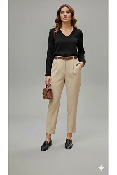 ECEYLÜL MODA بنطلون بيج عالي الخصر ألترا مرن قماش قابل للتمدد - بنطلون مكتبي ...