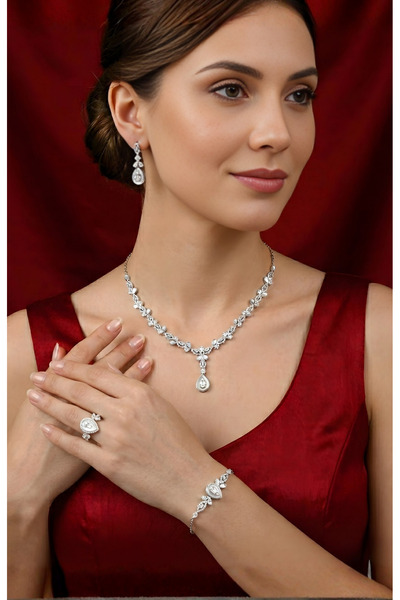 Luceven Kadın 925 Ayar Gümüş Sedefli İthal Rodyumlu 4'lü Zarif Düğün Seti