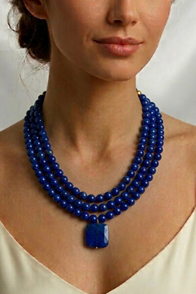 PETEK AKSESUAR الأزرق الداكن الحجر الطبيعي قلادة الخرزة متعددة