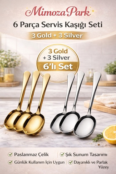MİMOZA PARK 6 Adet Paslanmaz Çelik Lüx Servis Salata Kaşığı Spatula | Çelik Y...