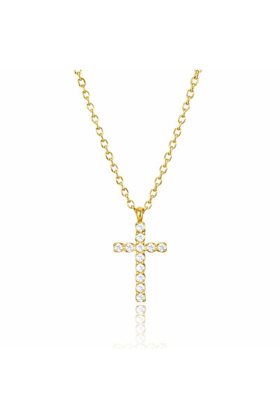 Pursehuit Colier auriu, realizat din oțel inoxidabil, cu cruce și pietre de z...