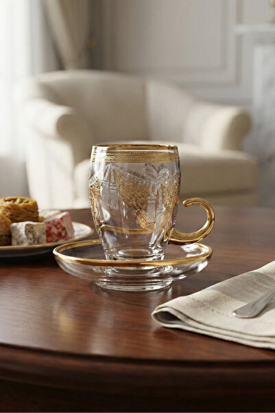 SQUALO طقم كاسات شاي تركي – 6 حبات بنقوش ذهبية مع أطباق