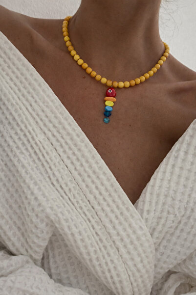 Markiz Takı Sarı Ceyt Taşı Doğal Taş Murano Cam Figür Kolye