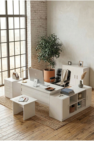 Robin Home Verona Abcef Ofis Büro Masa Takımı Çalışma Masası Seti Beyaz
