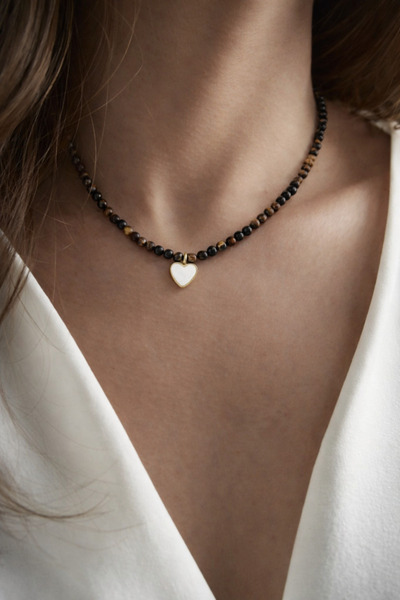 Markiz Takı Tiger Eye Natural Stone Heart Necklace