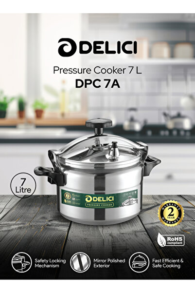 DELICI طنجرة ضغط ألومنيوم سعة 7 لترات من DPC7A مزودة بقفل أمان - فضي