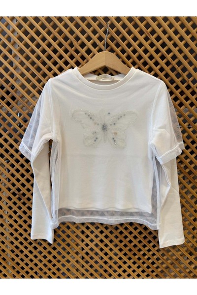 PD KIDS 75847 ÇOCUK ÖNÜ TAŞLI KELEBEK ÜSTÜ KISA KOL TÜL DETAYLI ÇİFT KAT BLUZ