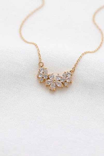 Gold Color Stainless Steel Women's Necklace with Three Flower Model Zircon Gemstone