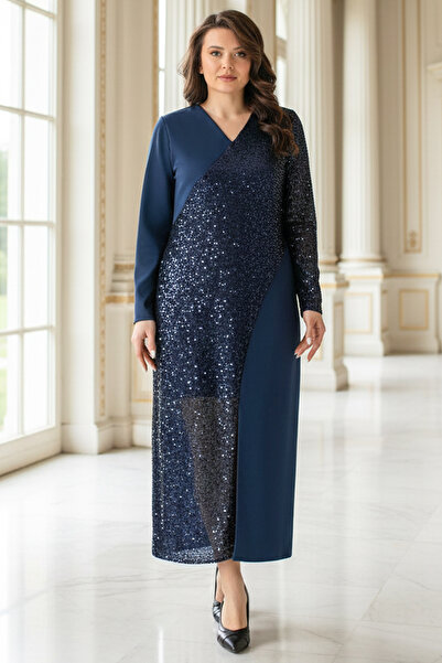 Fahima Sequin Detail Crepe Plus Size Evening Dress Navy Blue Fhm920
