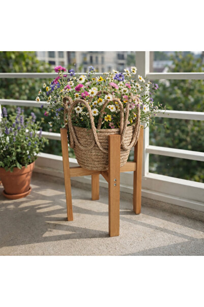 bayram taşcıoğlu home desing 2 Li Set.ahşap Ayaklı Saksılık Ve Hasır Sepet Sa...