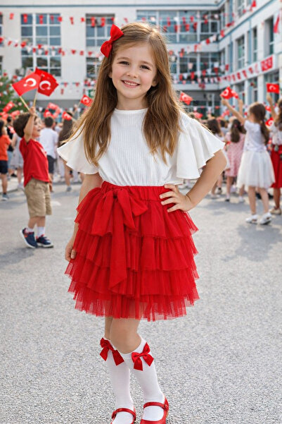 CALİSA Girl's Tutu Skirt Combination - Red Layered Skirt and White Blouse, St...