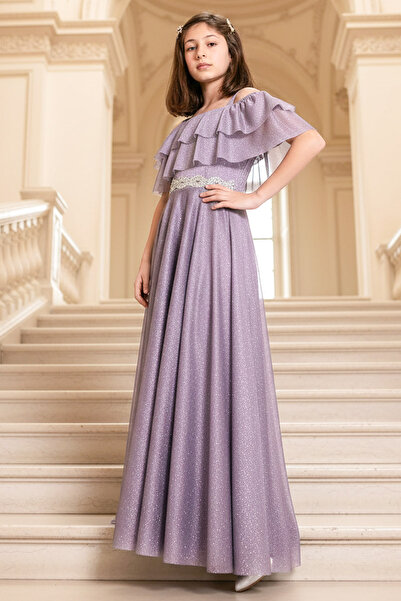 Modaviki 9-16 Yaş Beli İşlemeli Simli Tül Çocuk Abiye Lila MDV314