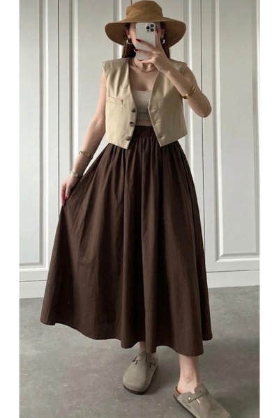 Gülmude Uzun Beli Lastikli Etek Fleto Cepli İç Göstermez Poplin Kumaş Mevsiml...