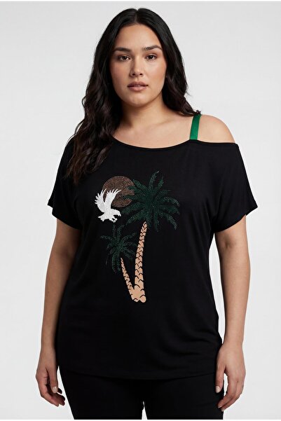 Ebsumu Women's Plus Size One Shoulder Jewelled Black Blouse