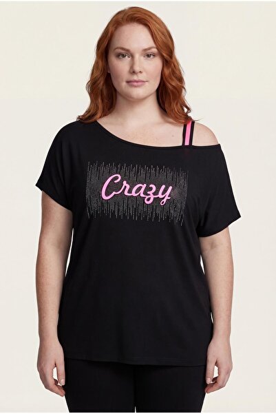 Ebsumu Women's Large Size Single Shoulder Strap Stone Printed Black Blouse