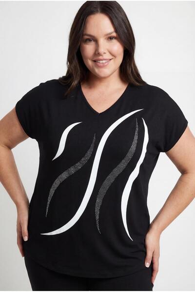 Ebsumu Women's Plus Size Black Blouse with Stones and Print Detail