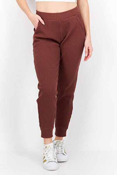 CHRLDR Women Regular Fit Ribbed Sweatpants, Brown