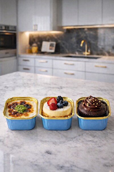 Trend Hediye Sepeti 25'li Kare Mavi Gold Muffin Kek Kalıbı , Tatlı Kasesi , A...