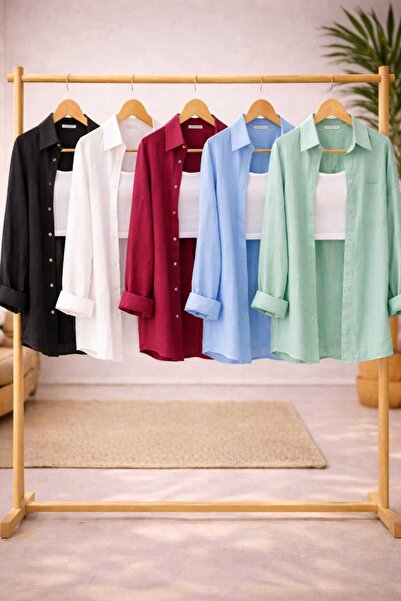 blackbonds Kadın 5'li Siyah Beyaz Bordo Mavi Mint Yeşili Pamuklu Oversize Ket...