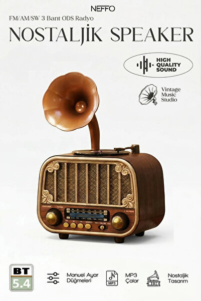 NEFFO Nostaljik Gramofon Tasarımlı Bluetooth Hoparlör, Plak Çalar Görünümlü R...