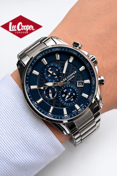 Lee Cooper ساعة يد رجالية بسوار فولاذي رمادي تعمل بجميع الوظائف ومقاومة للماء...
