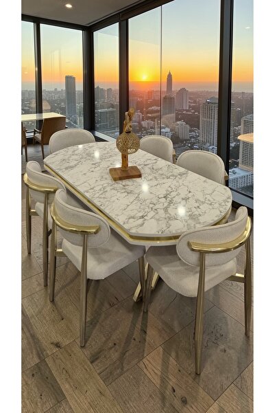 fursimo Venüs Serisi Beyaz Mermer Desenli Lak Panel Masa ve 6 Sandalyeli Yeme...