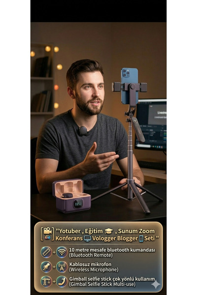 Prolite Orjinal Çift LED Işıklı ve Kablosuz Yaka Mikrofonu Youtuber Set Haber...