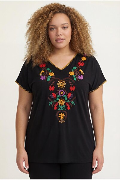 Ebsumu Γυναικεία Μαύρη Μπλούζα Μεγάλου Μεγέθους με Κέντημα Λουλούδι
