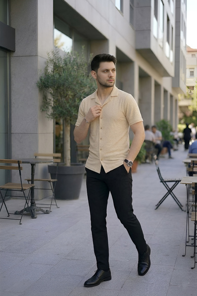 beuivo Men's Beige Cotton Waffle Fabric Slim Fit Slim Fit Short Sleeve Shirt