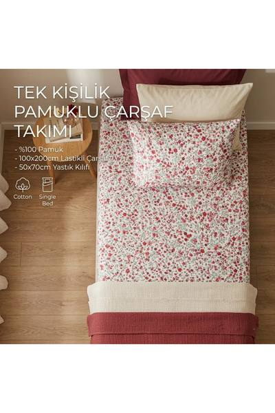 ELEGANCEHOME طقم 100% قطن مفرد ملاءة مطاطية - 100x200 سم - أحمر بنقشة زهور - ملمس ناعم