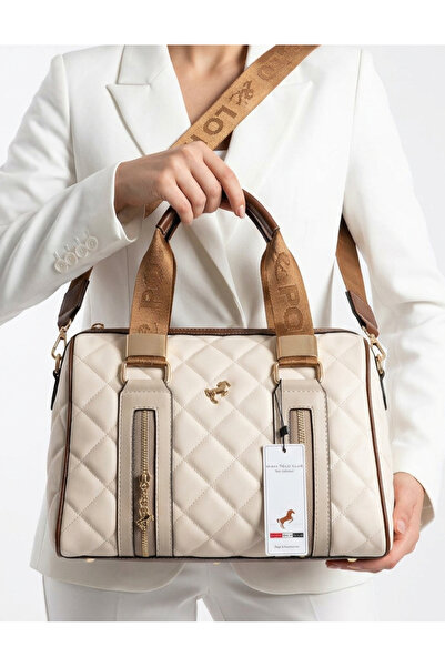 Çanta Trend Miami Polo Clup Krem Kadın Silindir Kapitone Krem Model El ve Omu...