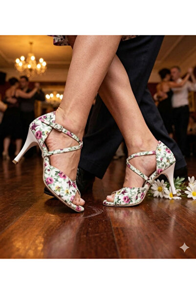 bitangosu Beyaz Çiçekli Ritim 8,5 CM 13 PONT KAPALI TOPUK-AÇIK BURUN- TANGO, ...